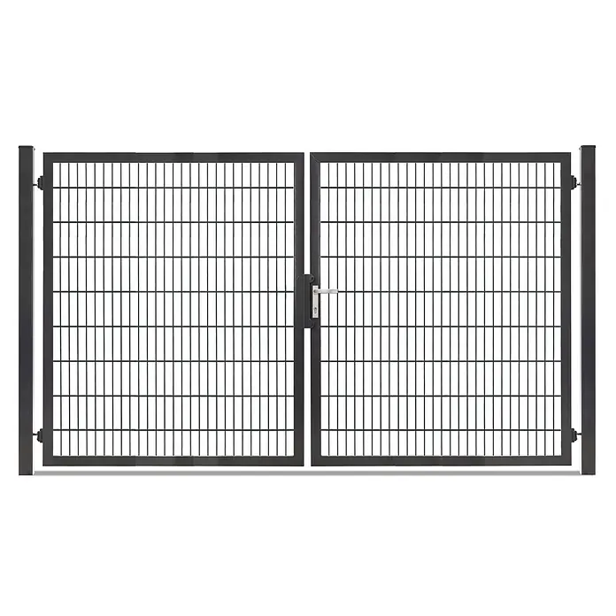 Deutsche Zauntechnik Zauntor Vario Plus S-2F - 314 x 180 cm, Anthrazitgrau, Stahl - Schwarzes Doppeltor aus Metall mit Gittereinsätzen und silbernem Griff.