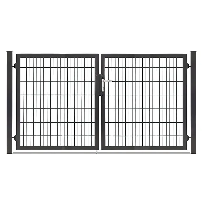Deutsche Zauntechnik Zauntor Vario Plus S-2F - 264 x 140 cm, Anthrazitgrau, Stahl - Anthrazitfarbenes doppelflügeliges Metalltor mit Gitterfüllung, Pfosten, Griff und Schloss.