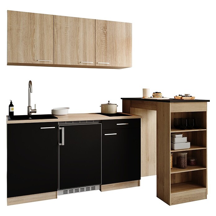 Respekta Miniküche Ingrid (Breite: 150 cm, Schwarz, Mit Bartisch, Mit Kochfeld + Kühlschrank) | BAUHAUS