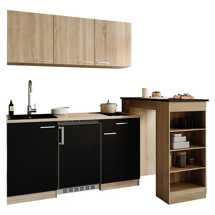 Respekta Miniküche Ingrid - Breite: 150 cm, Schwarz, Mit Bartisch, Mit Kochfeld + Kühlschrank - Kompakte Küchenzeile mit hellen Holz-Oberschränken, schwarzen Unterschränken (Spüle, Kochfeld, Gerät) und passendem offenen Regal.
