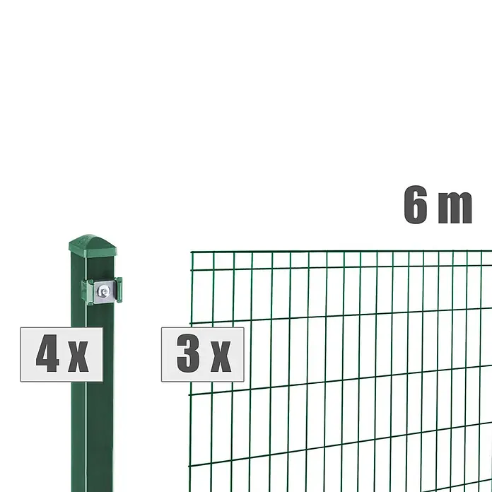Deutsche Zauntechnik Zaun-Set Michl - Breite: 6 m, Höhe: 1,01 m, Moosgrün - Grünes Metallzaun-Set mit 4 Pfosten, 3 Paneelen und einer Gesamtlänge von 6m.