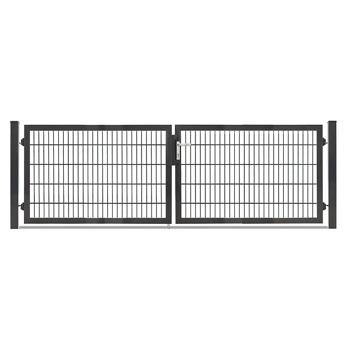Deutsche Zauntechnik Zauntor Vario Plus S-2F - 314 x 100 cm, Anthrazitgrau, Stahl - Dunkelgraues zweiflügeliges Metallgittertor mit Pfosten und silbernem Griff.