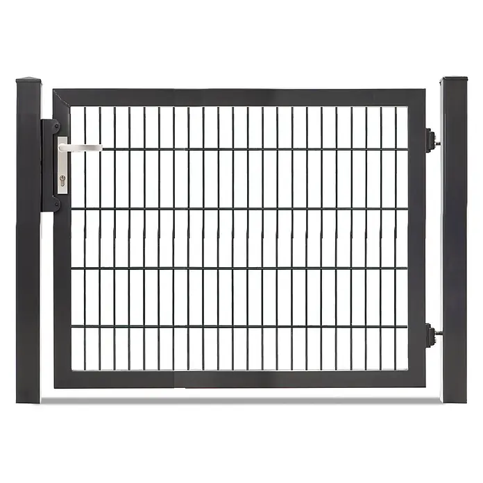 Deutsche Zauntechnik Zauntor Vario Plus S-1F - B x H: 134 x 100 cm, Anthrazitgrau, Stahl - Dunkelgraues Metall-Gartentor mit Gitterfüllung und silbernem Griff, zwischen Pfosten montiert.