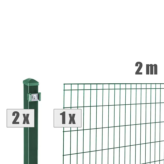Deutsche Zauntechnik Zaun-Set Michl - Breite: 2 m, Höhe: 1,21 m, Moosgrün - Dunkelgrüner Zaunpfosten (2x) mit Kappe und dunkelgrünes Zaunfeld (1x), 2 Meter hoch.