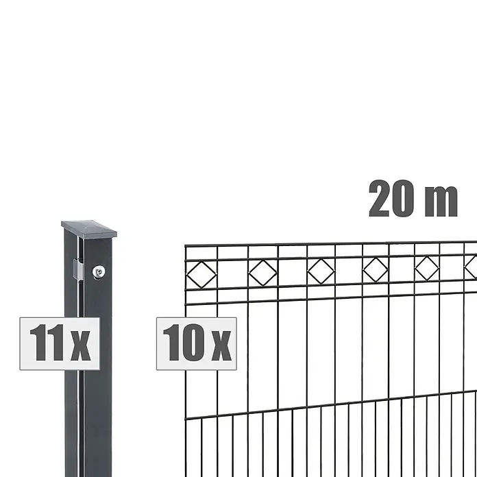 Deutsche Zauntechnik Zaun-Set Turin - Breite: 20 m, Höhe: 1,01 m, Anthrazitgrau - Dunkelgraues Metallzaunset mit 11 Pfosten und 10 Zierpaneelen für 20 Meter Länge.