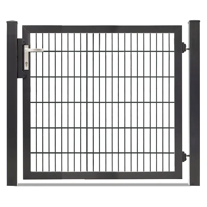 Deutsche Zauntechnik Zauntor Vario Plus S-1F - B x H: 134 x 120 cm, Anthrazitgrau, Stahl - Dunkelgraues Metall-Gartentor mit Gitterfüllung, silbernem Griff und Schloss.