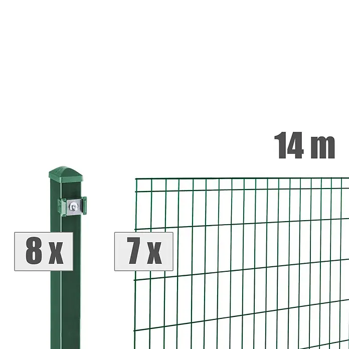 Deutsche Zauntechnik Zaun-Set Michl - Breite: 14 m, Höhe: 0,81 m, Moosgrün - Grünes Maschendrahtzaun-Set mit 8 Pfosten, 7 Paneelen und 14m Gesamtlänge.