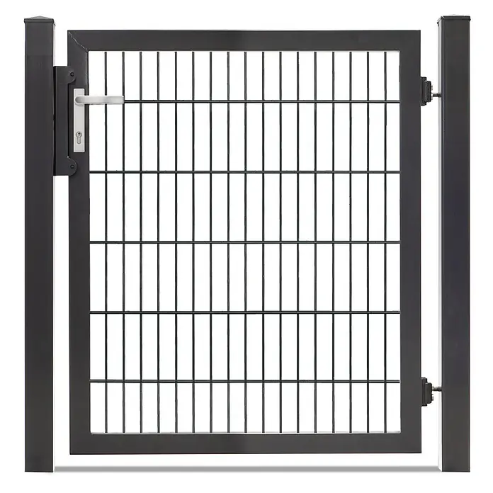 Deutsche Zauntechnik Zauntor Vario Plus S-1F - B x H: 109 x 120 cm, Anthrazitgrau, Stahl - Dunkelgraues Metall-Gartentor mit Gitterfüllung, silbernem Griff und Schlossmechanismus.