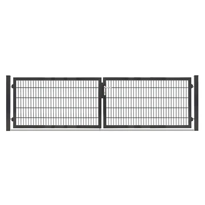Deutsche Zauntechnik Zauntor Vario Plus S-2F - 364 x 100 cm, Anthrazitgrau, Stahl - Schwarzes Metall-Doppeltor mit Gitterfüllung und Griff.