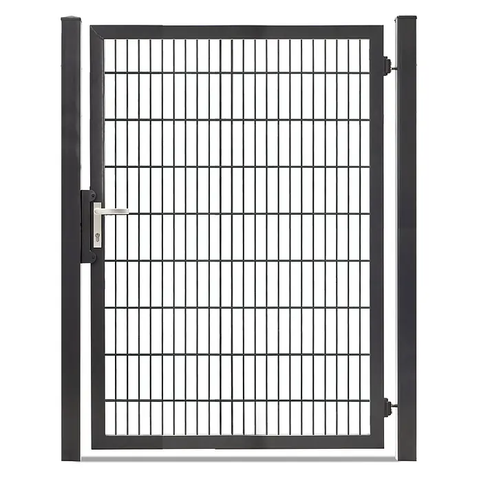 Deutsche Zauntechnik Zauntor Vario Plus S-1F - B x H: 134 x 180 cm, Anthrazitgrau, Stahl - Dunkelgraues Metall-Gartentor mit Gitterfüllung, silbernem Griff und zwei dunkelgrauen Pfosten.