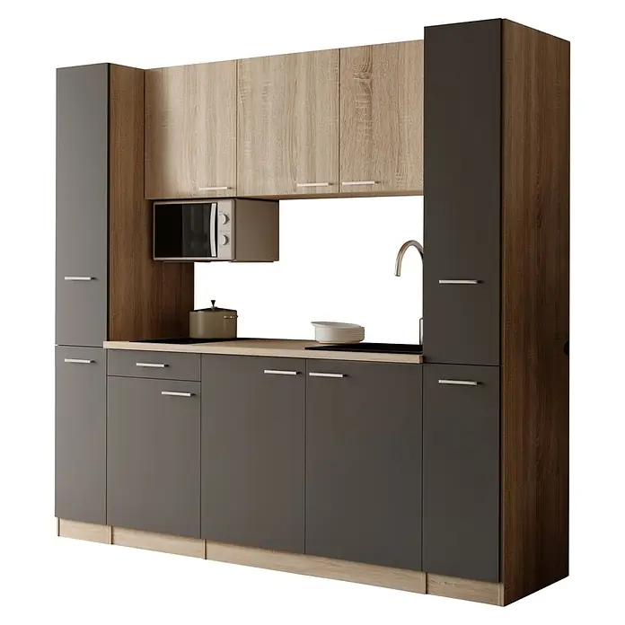 Respekta Küchenzeile Ingrid - Breite: 210 cm, Grau, Mit Kochfeld + Mikrowelle - Moderne Küchenzeile mit hellen Holz-Oberschränken und dunkelgrauen Unterschränken, inkl. Spüle, Kochfeld und Mikrowelle.