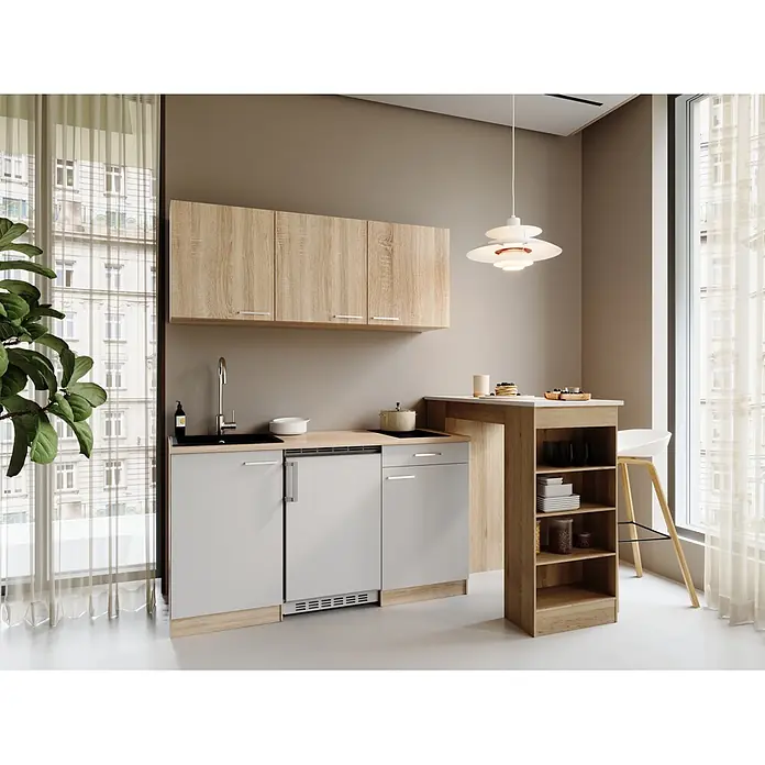 Respekta Miniküche Ingrid - Breite: 150 cm, Weiß, Mit Bartisch, Mit Kochfeld + Kühlschrank - Kompakte Küchenzeile mit hellen Holz-Oberschränken und hellgrauen Unterschränken, integrierter Spüle, Kochfeld und Frühstücksbar.