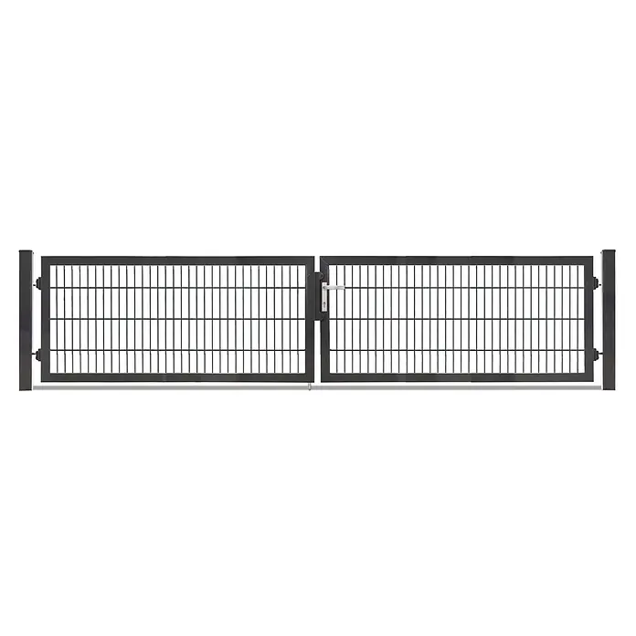 Deutsche Zauntechnik Zauntor Vario Plus S-2F - 364 x 80 cm, Anthrazitgrau, Stahl - Zweiflügeliges anthrazitgraues Metalltor mit Gitterfüllung, inklusive Pfosten und Griff.