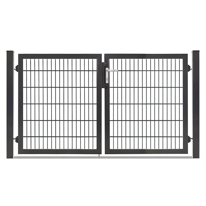 Deutsche Zauntechnik Zauntor Vario Plus S-2F - 214 x 120 cm, Anthrazitgrau, Stahl - Dunkelgraues zweiflügeliges Metallgartentor mit Gitterfüllung und silbernem Griff.