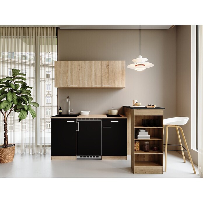 Respekta Miniküche Ingrid (Breite: 150 cm, Schwarz, Mit Bartisch, Mit Kochfeld + Kühlschrank) | BAUHAUS