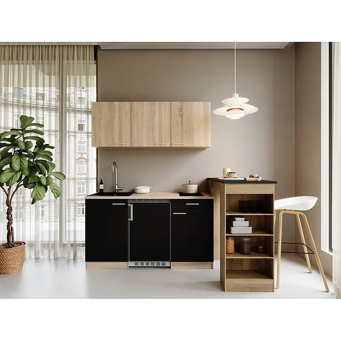 Respekta Miniküche Ingrid - Breite: 150 cm, Schwarz, Mit Bartisch, Mit Kochfeld + Kühlschrank - Kompakte schwarze Küchenzeile mit hellen Holzelementen, Spüle, Minikühlschrank und Hängeschränken, für kleine Räume.