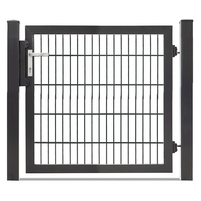 Deutsche Zauntechnik Zauntor Vario Plus S-1F - B x H: 109 x 100 cm, Anthrazitgrau, Stahl - Dunkelgraues Metall-Gartentor mit Gitterfüllung, silbernem Griff und an einem Pfosten befestigt.