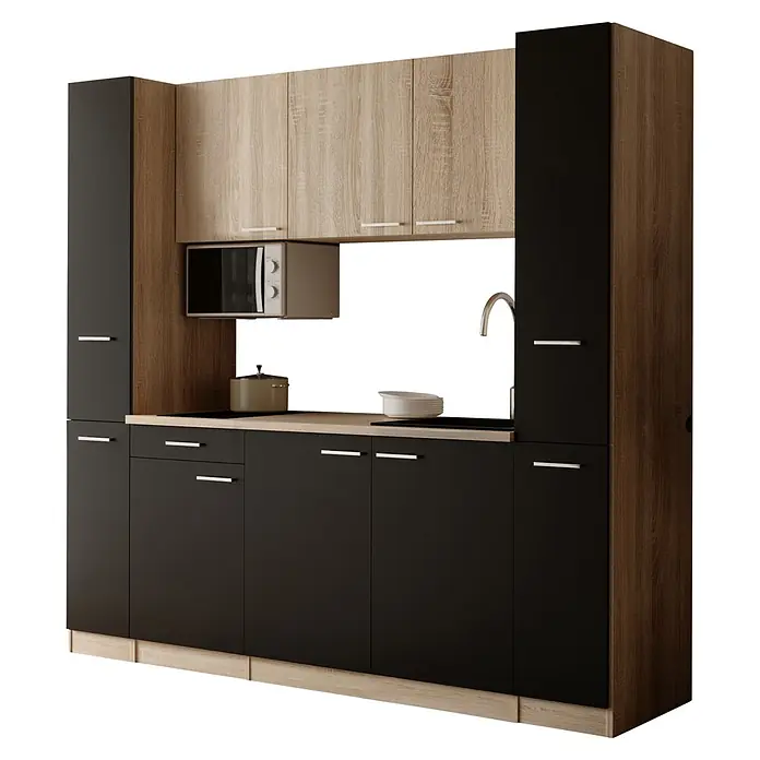 Respekta Küchenzeile Ingrid - Breite: 210 cm, Schwarz, Mit Kochfeld + Mikrowelle - Modernes Küchenschränke-Set in Schwarz und hellem Holz, mit integrierter Mikrowelle, Spüle und Kochfeld.