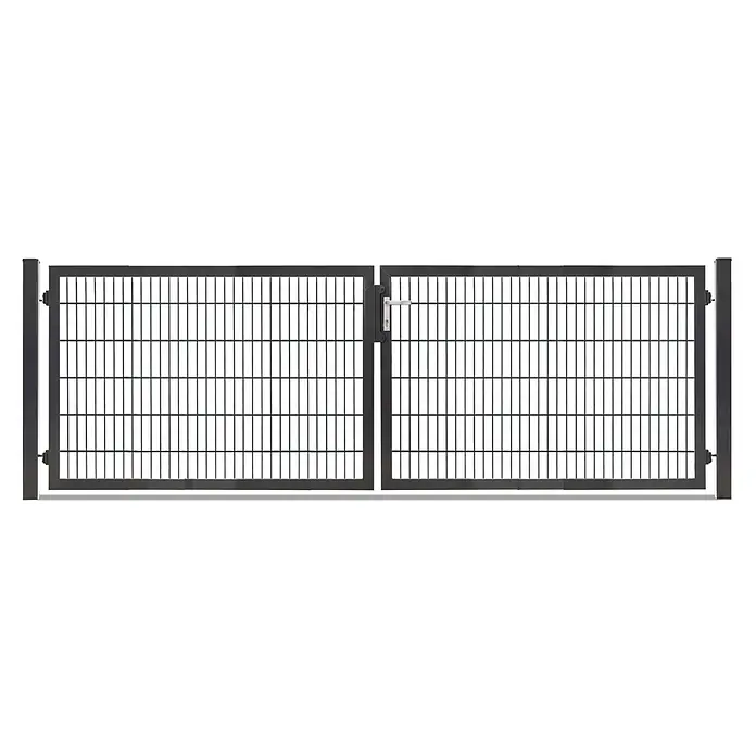 Deutsche Zauntechnik Zauntor Vario Plus S-2F - 364 x 120 cm, Anthrazitgrau, Stahl - Dunkelgraues/schwarzes Metall-Doppeltor mit Gitterdesign, Schloss und Griff.