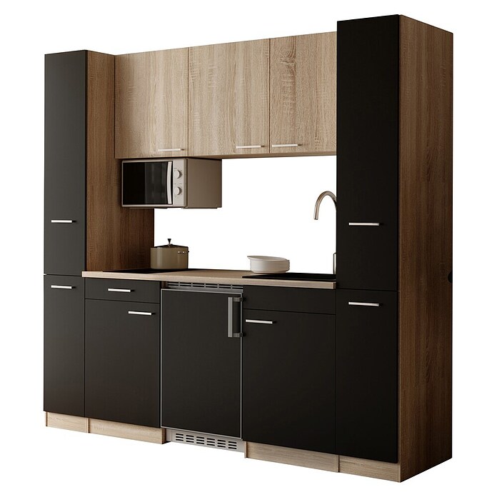 Respekta Küchenzeile Ingrid (Breite: 210 cm, Schwarz, Mit Kochfeld + Kühlschrank + Mikrowelle) | BAUHAUS