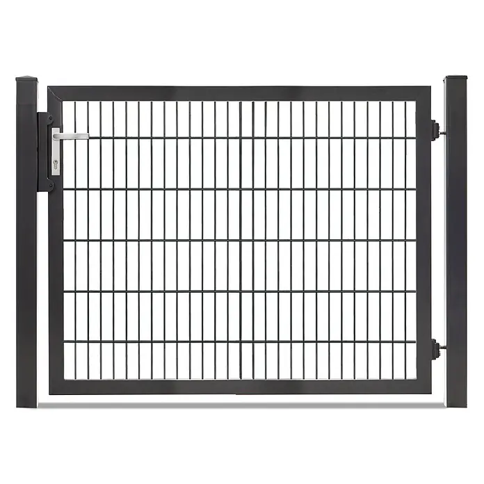 Deutsche Zauntechnik Zauntor Vario Plus S-1F - B x H: 159 x 120 cm, Anthrazitgrau, Stahl - Dunkelgraues Metalltor mit vertikalen Stäben, integriertem Schloss und silbernem Griff.