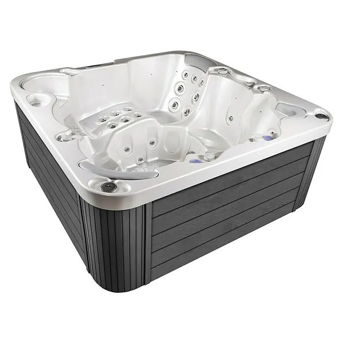 Camargue Außen-Whirlpool Havana 2 + Gratis Treppe - 200 x 200 x 91 cm, Grau/Weiß, Max. Personenzahl: 6 - Ein luxuriöser Whirlpool mit grauer Holzverkleidung und zahlreichen Düsen für ein entspannendes Badeerlebnis.