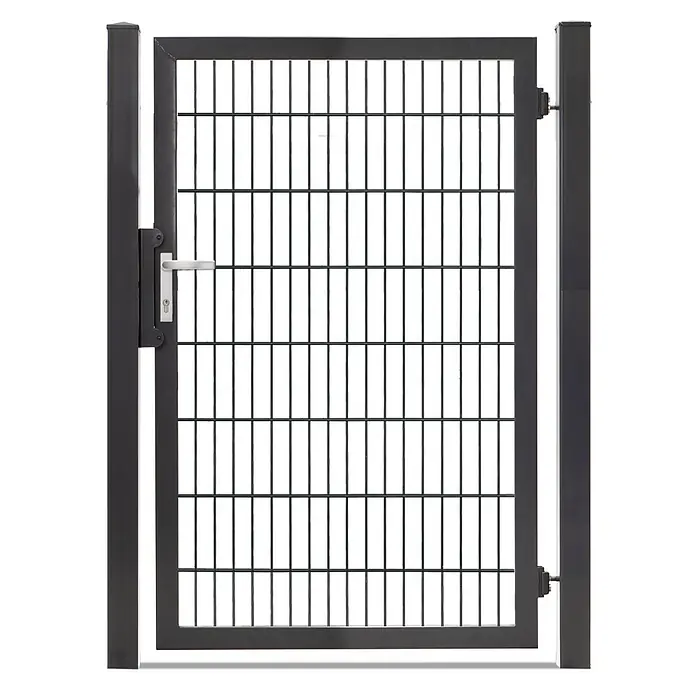 Deutsche Zauntechnik Zauntor Vario Plus S-1F - B x H: 109 x 160 cm, Anthrazitgrau, Stahl - Anthrazitfarbenes Metallgartentor mit Gitterfüllung und silbernem Griff, zwischen Pfosten.