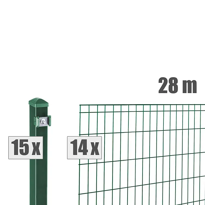 Deutsche Zauntechnik Zaun-Set Michl - Breite: 28 m, Höhe: 1,21 m, Moosgrün - Grünes Zaunsystem mit 15 Pfosten und 14 Zaunmatten für 28 Meter.