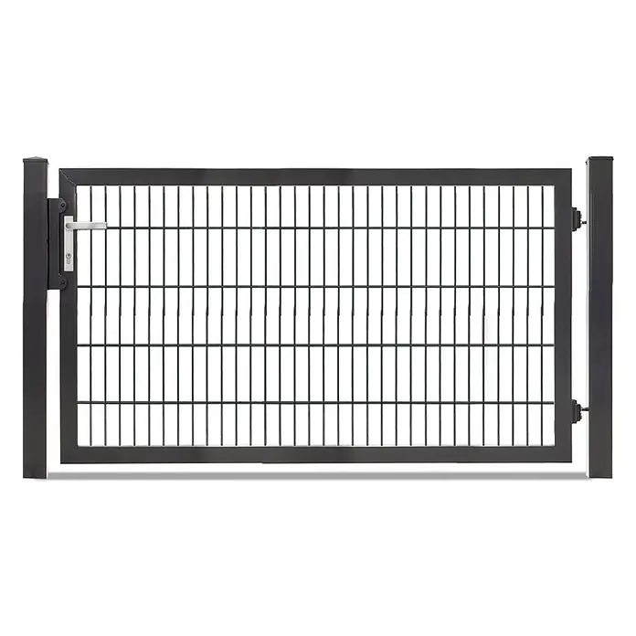 Deutsche Zauntechnik Zauntor Vario Plus S-1F - B x H: 184 x 100 cm, Anthrazitgrau, Stahl - Dunkelgraues Metalltor mit Gitterdesign, Griff und Schloss, zwischen zwei Pfosten montiert.
