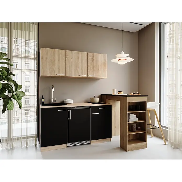 Respekta Miniküche Ingrid - Breite: 150 cm, Schwarz, Mit Bartisch, Mit Kochfeld + Kühlschrank - Moderne Kompaktküche mit hellen Holz- und schwarzen Schränken, Spüle, Kochfeld, integriertem Kühlschrank und Frühstücksbar.