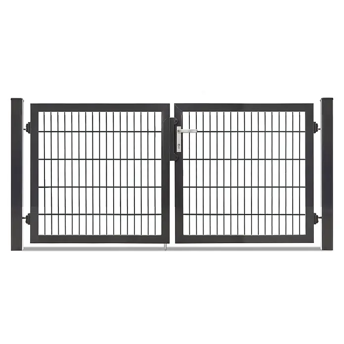 Deutsche Zauntechnik Zauntor Vario Plus S-2F - 214 x 100 cm, Anthrazitgrau, Stahl - Zweiflügeliges schwarzes Metall-Gartentor mit Drahtgitterfüllung, inklusive silbernem Griff und Schlossmechanismus.
