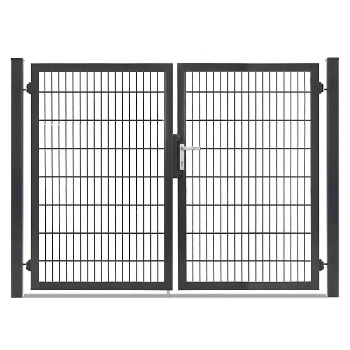 Deutsche Zauntechnik Zauntor Vario Plus S-2F - 214 x 160 cm, Anthrazitgrau, Stahl - Dunkelgraues Doppeltor aus Metall mit Gittereinsätzen, Griff und Pfosten.