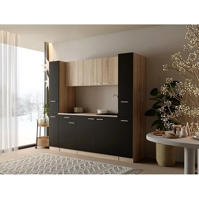Respekta Küchenzeile Ingrid - Breite: 210 cm, Schwarz, Mit Kochfeld - Moderne modulare Küchenzeile mit schwarzen und hellen Holz (Eichendekor) Schränken.