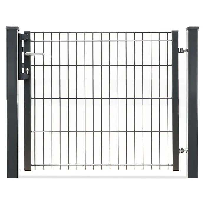 Deutsche Zauntechnik Zauntor Light Michl - 96 x 83 cm, Anthrazitgrau - Dunkelgraues Metall-Gartentor mit vertikalen Stäben, Griff, Schloss und Scharnieren, an zwei Pfosten befestigt.