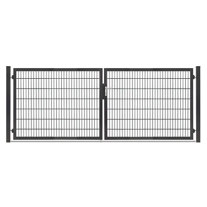 Deutsche Zauntechnik Zauntor Vario Plus S-2F - 364 x 140 cm, Anthrazitgrau, Stahl - Dunkelgraues Doppelflügeltor aus Metallgitter mit Griff.
