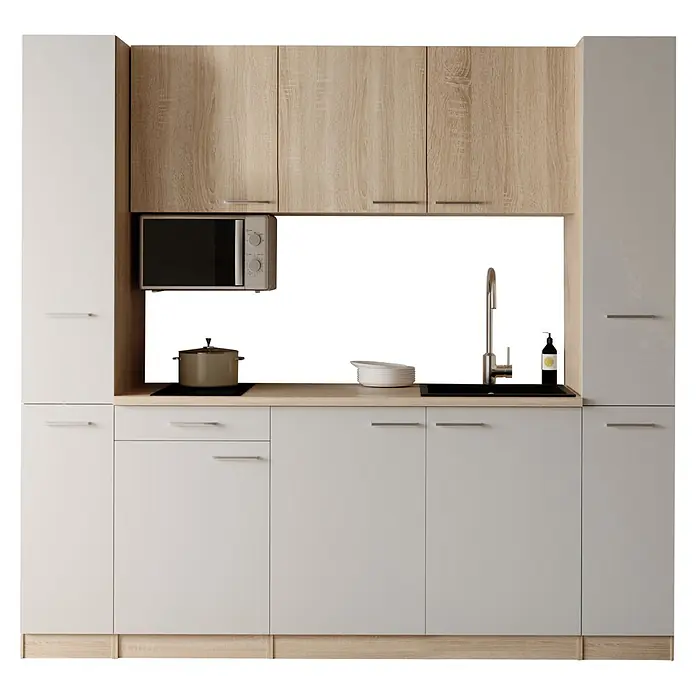 Respekta Küchenzeile Ingrid - Breite: 210 cm, Weiß, Mit Kochfeld + Mikrowelle - Moderne Küchenzeile mit hellen Holz-Oberschränken, weißen Unter- und Hochschränken, Mikrowelle, Kochfeld und Spüle.