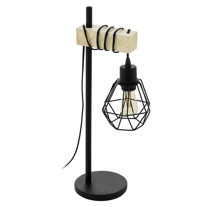 Eglo Townshend 5 Lámpara de sobremesa - 60 W, L x An x Al: 22 x 15,5 x 50 cm, Negro/Marrón, E27 - Lámpara de mesa industrial con base de metal negro, travesaño de madera clara y jaula geométrica negra alrededor de una bombilla de filamento.