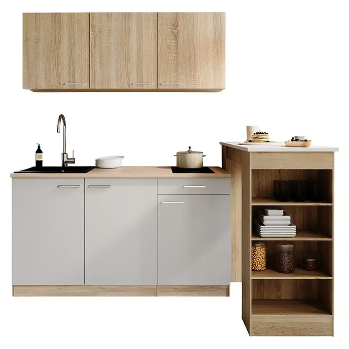 Respekta Miniküche Ingrid - Breite: 150 cm, Weiß, Mit Bartisch, Mit Kochfeld - Modulare Küchenzeile mit hellen Holz- und hellgrauen Schränken, Spüle, Kochfeld und offenem Regal, inklusive Küchenutensilien.