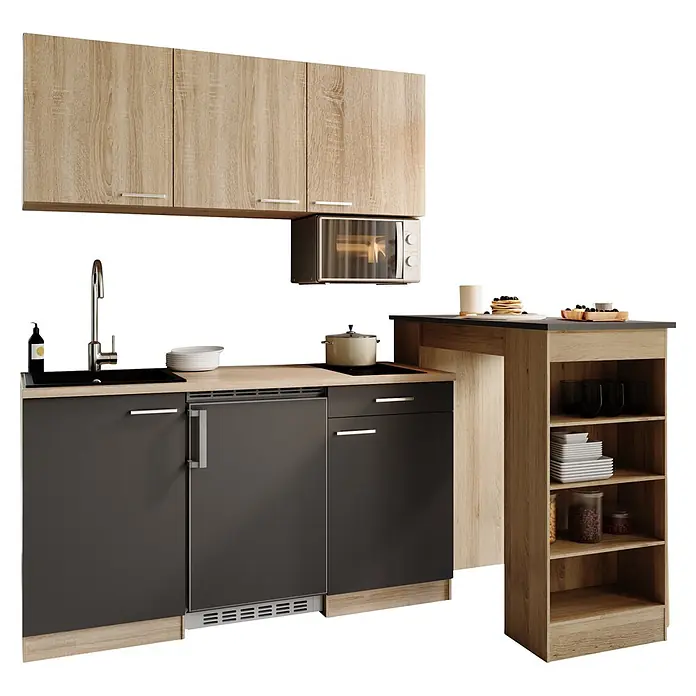 Respekta Miniküche Ingrid - Breite: 150 cm, Grau, Mit Bartisch, Mit Kochfeld + Kühlschrank + Mikrowelle - Kompakte Küchenzeile mit hellen Holz-Oberschränken und dunkelgrauen Unterschränken, integrierter Spüle, Kochfeld, Mikrowelle und Seitenregal.