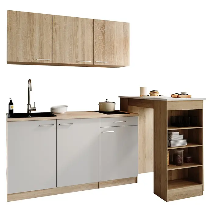 Respekta Miniküche Ingrid - Breite: 150 cm, Weiß, Mit Bartisch, Mit Kochfeld - Moderne Küchenzeile mit hellen Holzschränken und Arbeitsplatte, hellgrauen Untertüren, integrierter Spüle, Kochfeld und Seitenregal.
