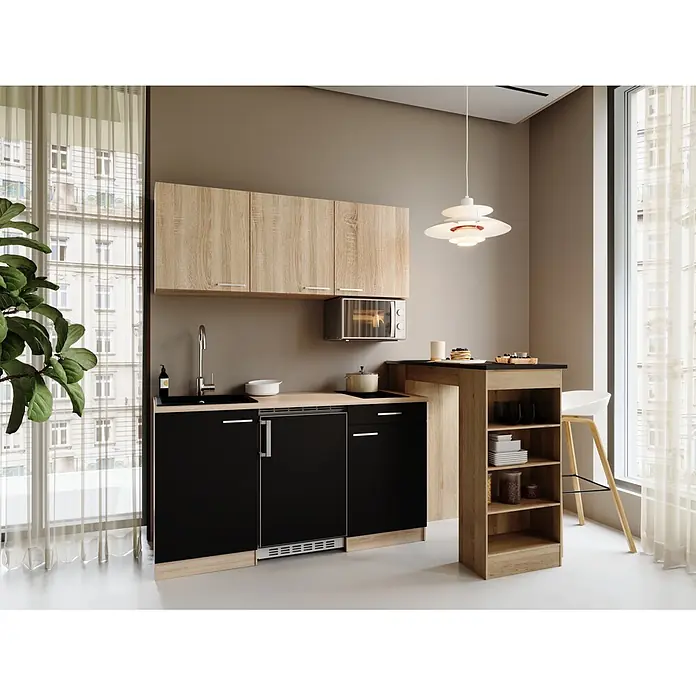 Respekta Miniküche Ingrid - Breite: 150 cm, Schwarz, Mit Bartisch, Mit Kochfeld + Kühlschrank + Mikrowelle - Kompakte Küchenzeile mit hellen Holz-Ober- und schwarzen Unterschränken, Holzarbeitsplatte, Spüle, Kochfeld, Mikrowelle, Kühlschrank und angebautem Bartisch.