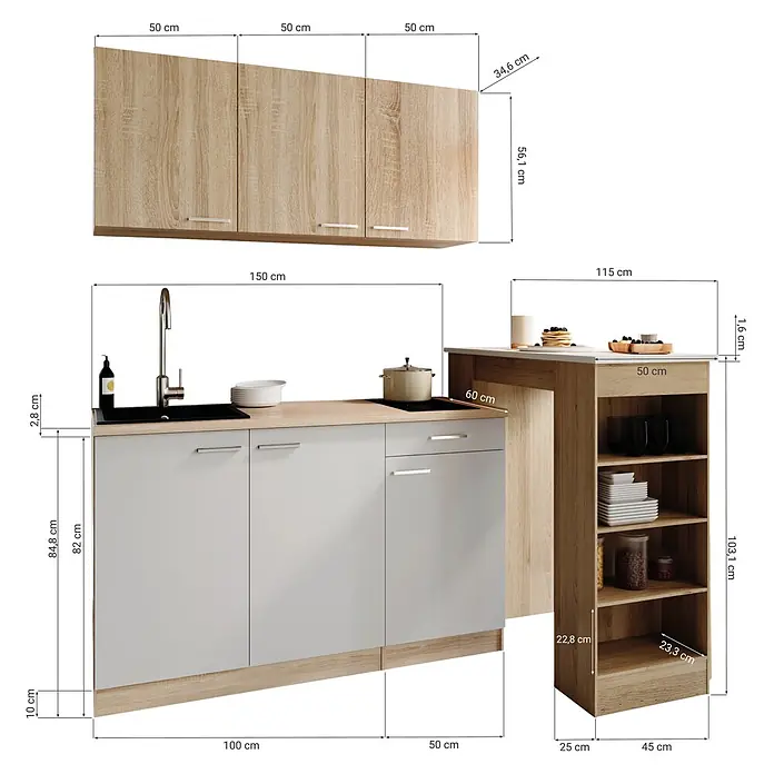 Respekta Miniküche Ingrid - Breite: 150 cm, Schwarz, Mit Bartisch, Mit Kochfeld + Mikrowelle - Moderne Küchenzeile in heller Holzoptik und Hellgrau mit Hängeschränken, Spüle, Kochfeld und angebauter Inseltheke.