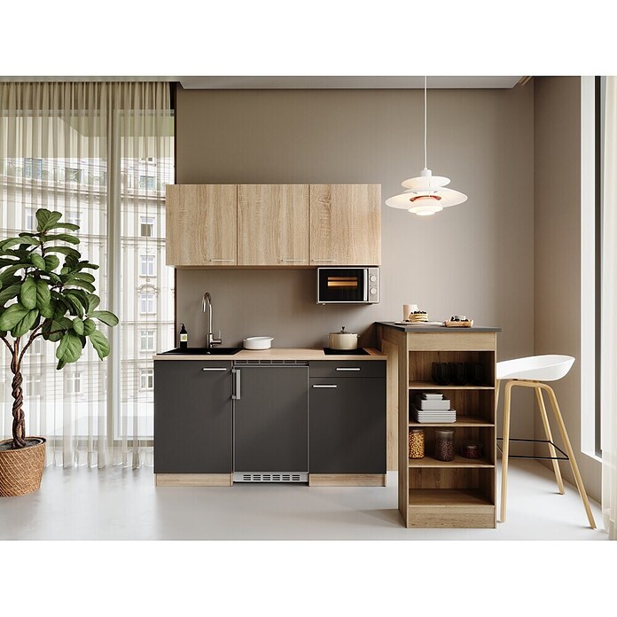 Respekta Miniküche Ingrid (Breite: 150 cm, Grau, Mit Bartisch, Mit Kochfeld + Kühlschrank + Mikrowelle) | BAUHAUS