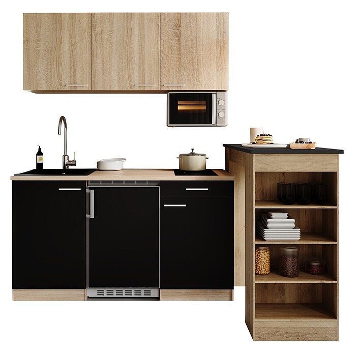 Respekta Miniküche Ingrid (Breite: 150 cm, Schwarz, Mit Bartisch, Mit Kochfeld + Kühlschrank + Mikrowelle) | BAUHAUS