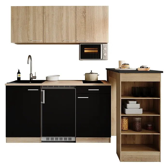 Respekta Miniküche Ingrid - Breite: 150 cm, Schwarz, Mit Bartisch, Mit Kochfeld + Kühlschrank + Mikrowelle - Kompakte Küchenzeile mit hellen Holz-Oberschränken, schwarzen Unterschränken, integrierter Spüle, Kochfeld, Mikrowelle und Regaleinheit.