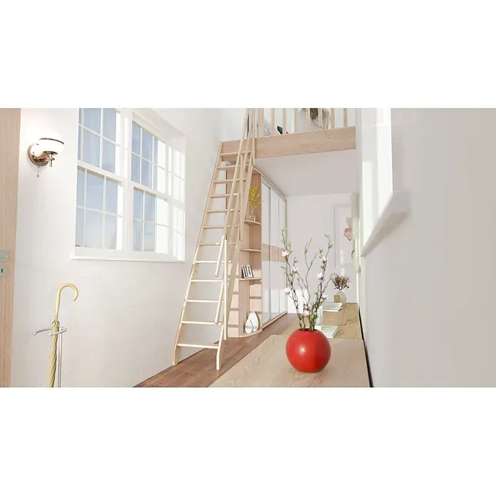 Sogem Escalera compacta recta Cottage Premium - Ancho: 52,7 cm, Color peldaños: Abeto, Altura de planta: 275 cm, Con barandilla - Habitación luminosa con escalera de madera que lleva a un altillo, complementada con almacenamiento integrado debajo.