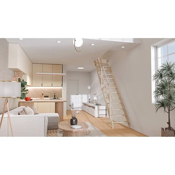 Sogem Escalera compacta recta Cottage Junior - Ancho: 64,4 cm, Color peldaños: Abeto, Altura de planta: 280 cm, Con barandilla - Escalera de madera clara que conecta la planta principal con un altillo en un interior moderno.