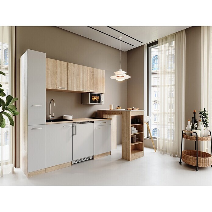Respekta Küchenzeile Ingrid (Breite: 180 cm, Weiß, Mit Bartisch, Mit Kochfeld + Kühlschrank + Mikrowelle) | BAUHAUS