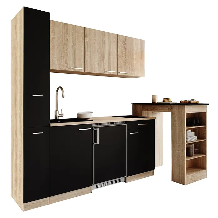 Respekta Küchenzeile Ingrid - Breite: 180 cm, Schwarz, Mit Bartisch, Mit Kochfeld + Kühlschrank - Moderne schwarze und helle Holzküchenzeile mit Hochschrank, Spüle, Einbaugeräten und Frühstückstheke.