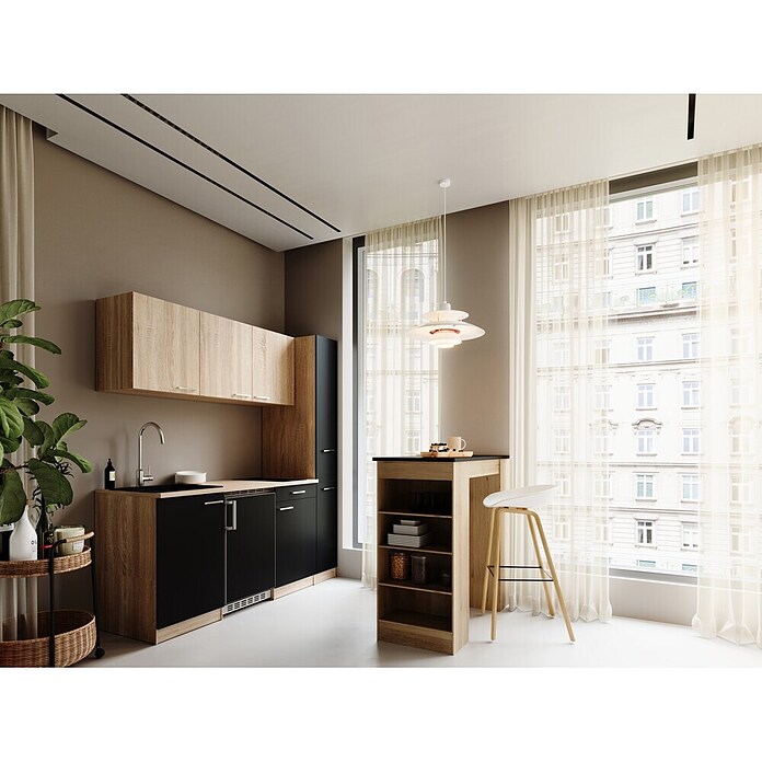 Respekta Küchenzeile Ingrid (Breite: 180 cm, Schwarz, Mit Bartisch, Mit Kochfeld + Kühlschrank) | BAUHAUS